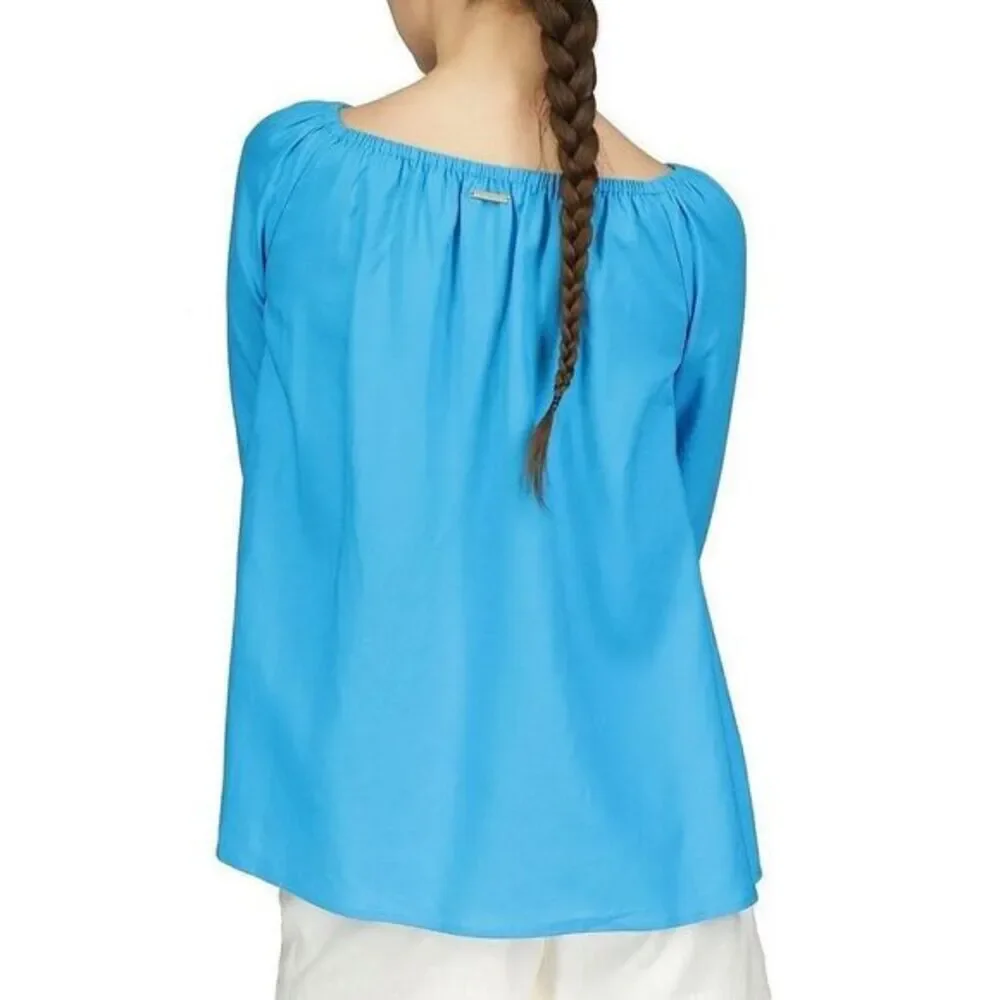 Michael Kors Blue Off Shoulder Tie Sleeve Blouse Boho Peasant Top size M